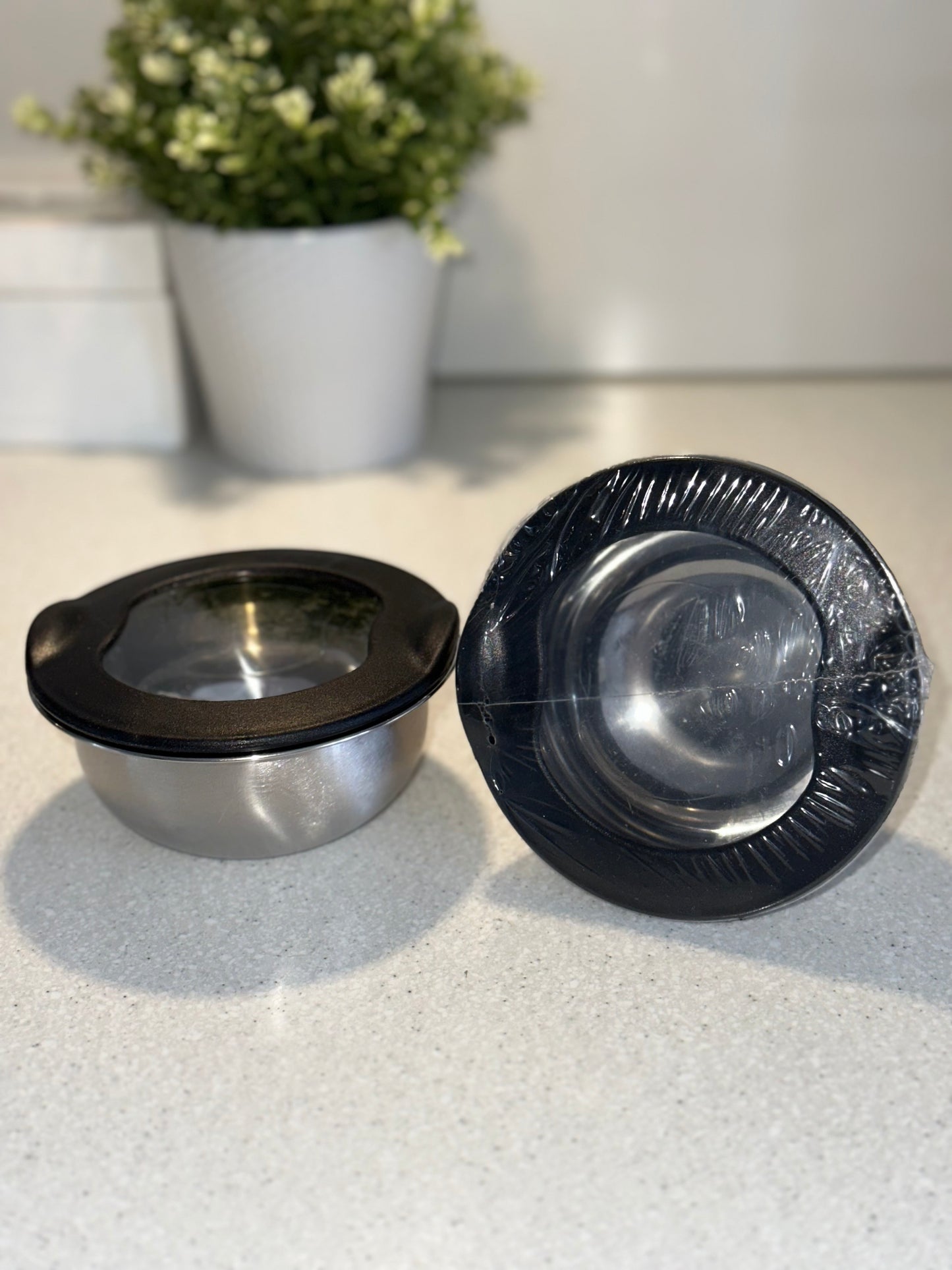 Set med 2 skålar i rostfritt stål med transparenta lock