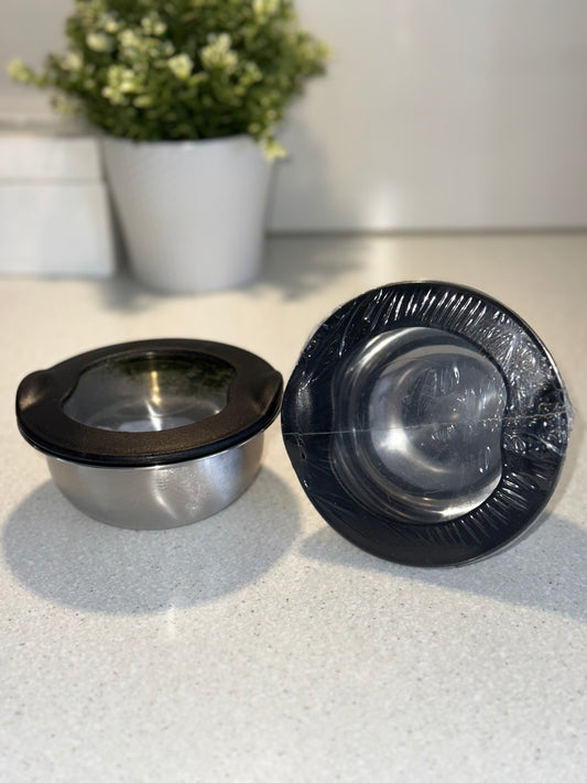 Set med 2 skålar i rostfritt stål med transparenta lock
