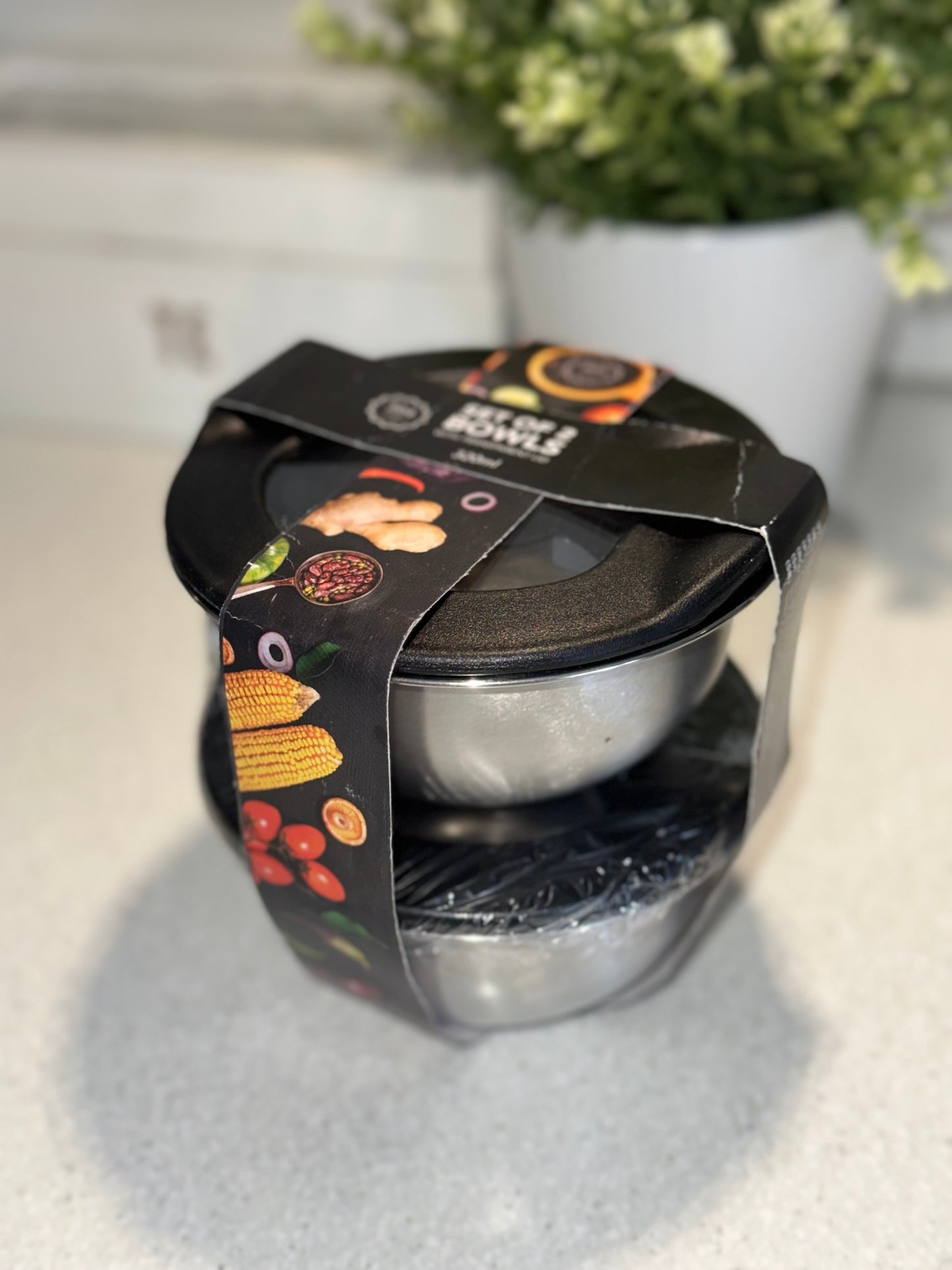 Set med 2 skålar i rostfritt stål med transparenta lock